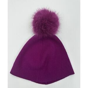 L.K. Bennett London Wool Cashmere Beanie Hat Purple Fur Pom One Size
